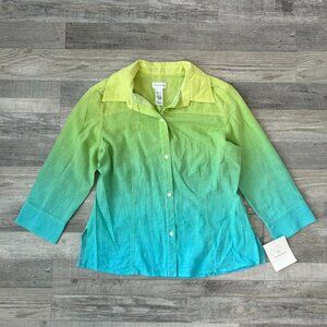 Liz Claiborne NWT Green Blue Ombre Linen Blend 3/4 Sleeve Button Down S45